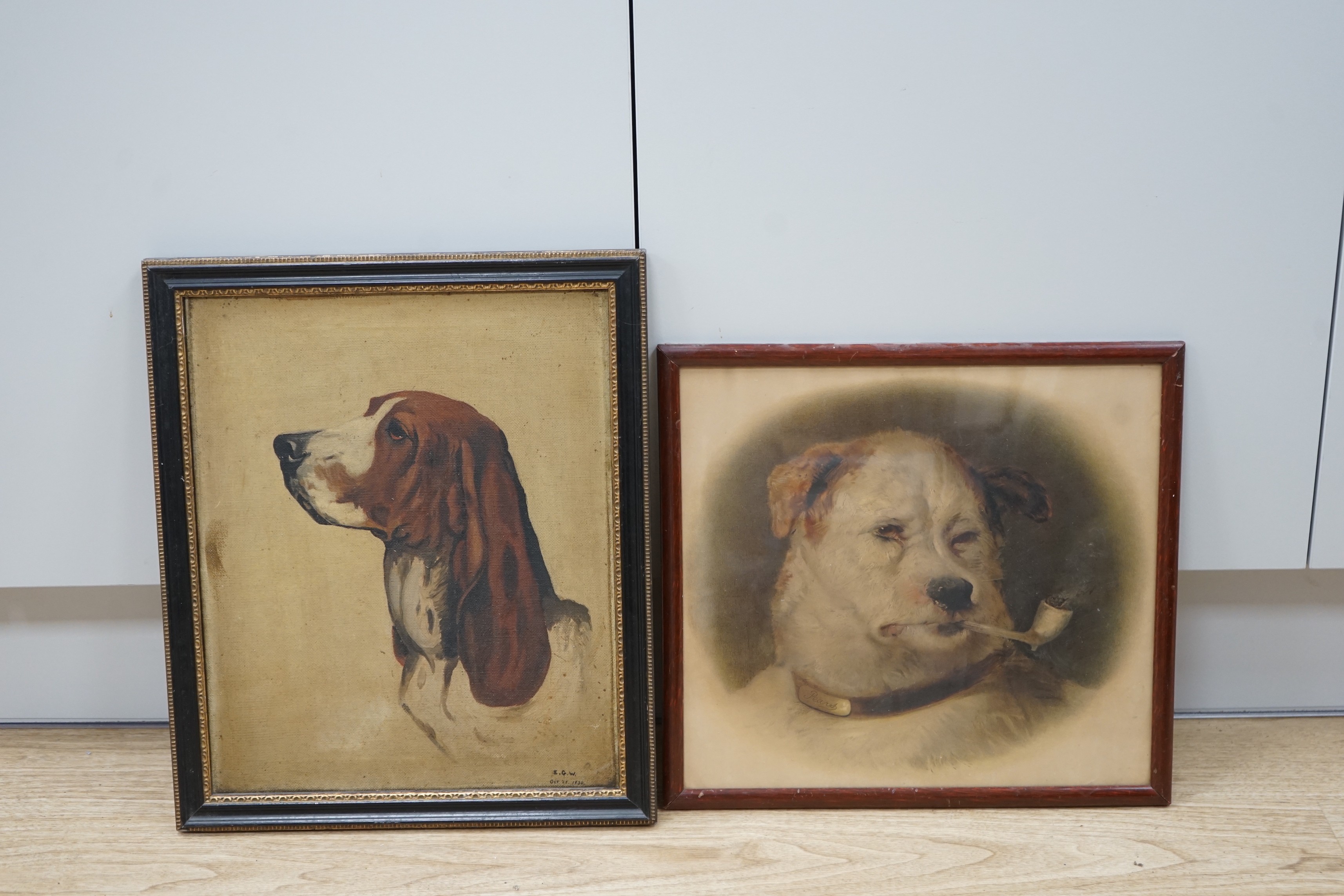 EGW 1930, oil on canvas, Study of a hound's head, initialled and dated, 37 x 30cm and a Pears chromolithograph of a dog smoking a pipe
